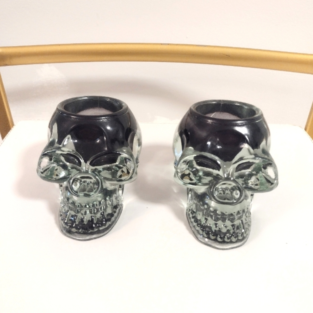 5" Crystal Clear Skull Design Glass Candle Holder